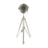 An adjustable tripod spotlight lamp with a silver aluminum body and a wooden tripod base, standing upright against a white background.